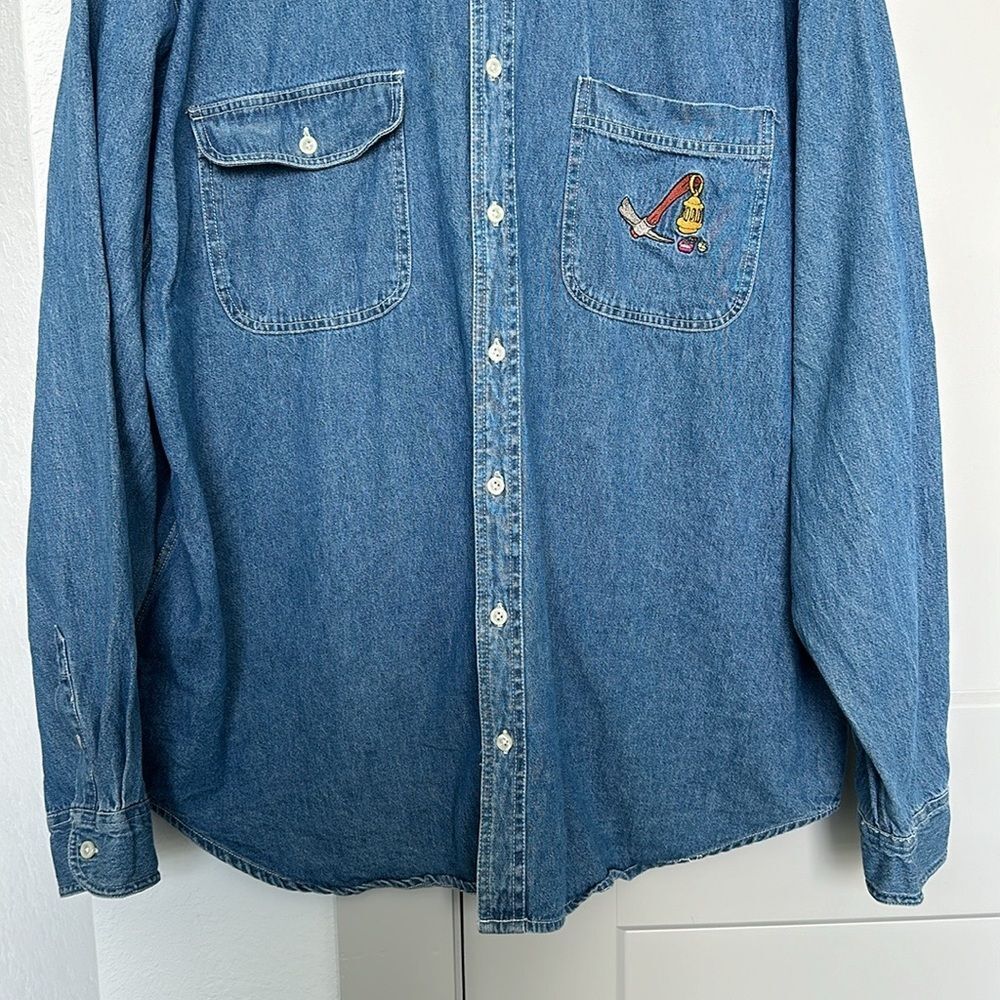 VINTAGE 90S DISNEY STORE SEVEN DWARFS DENIM LONG SLEEVE BUTTON DOWN MENS LARGE - Picture 5 of 7